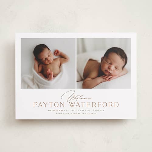 This is a cocoa birth announcements with standard by chocomocacino called gujiya printing on recycled smooth signature in standard