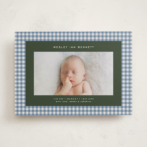 This is a marine birth announcements with standard by Kelly Watkins called layered gingham printing on recycled smooth signature in standard
