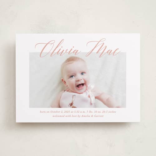 This is a sweet pea birth announcements with standard by Jennifer Postorino called sweet script printing on recycled smooth signature in standard