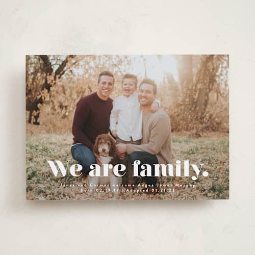 This is a cotton birth announcements with standard by Corinne Malesic called we are family printing on recycled smooth signature in standard