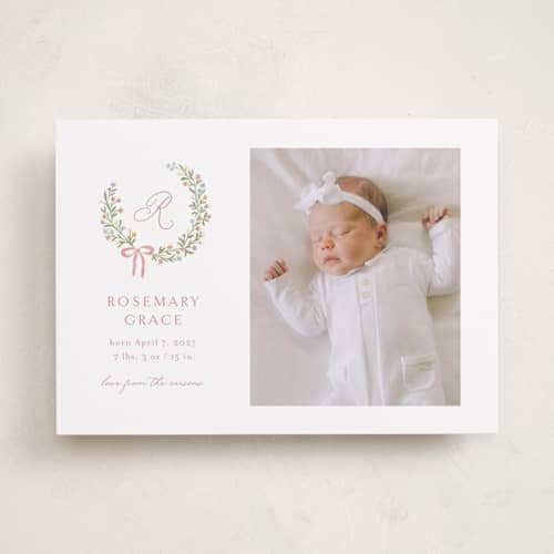 This is a watermelon birth announcements with standard by Katherine Moynagh called sweet monogrammed wreath printing on recycled smooth signature in standard