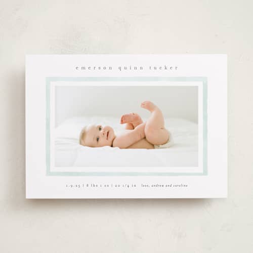 This is a mint birth announcements with standard by Lauren Chism called golightly printing on recycled smooth signature in standard