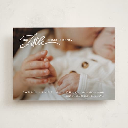 This is a cotton birth announcements with standard by Creo Study called sibling intro printing on recycled smooth signature in standard