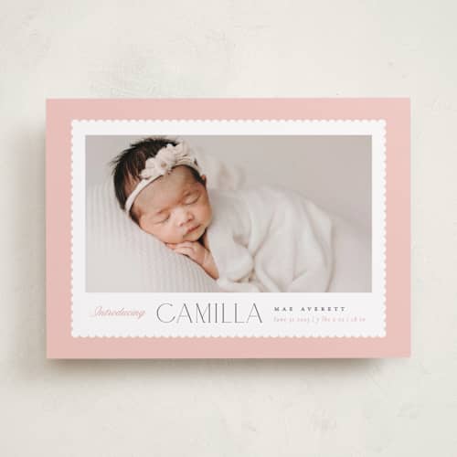 This is a rose birth announcements with standard by Robert and Stella called sweet scallop printing on recycled smooth signature in standard