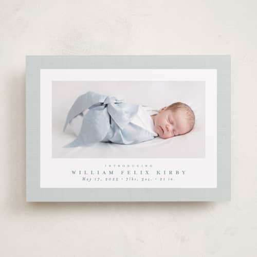 This is a powder birth announcements with standard by Lea Delaveris called linen frame printing on recycled smooth signature in standard