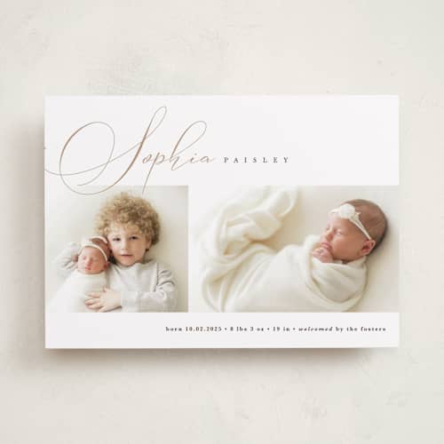 This is a oat birth announcements with standard by Pixel and Hank called classic twist printing on recycled smooth signature in standard