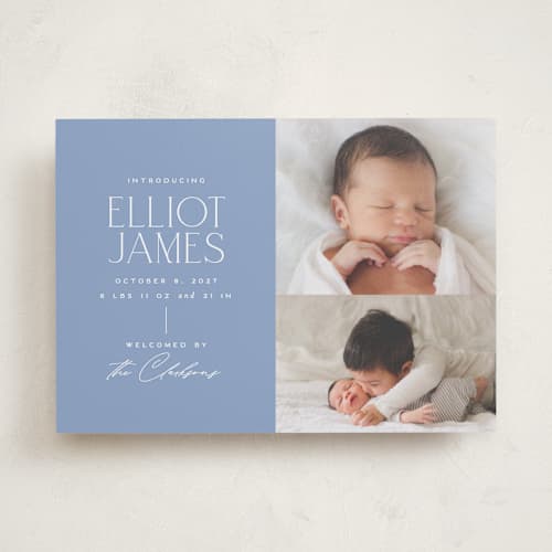 This is a periwinkle birth announcements with standard by Jessica Corliss called announcing elegance printing on recycled smooth signature in standard