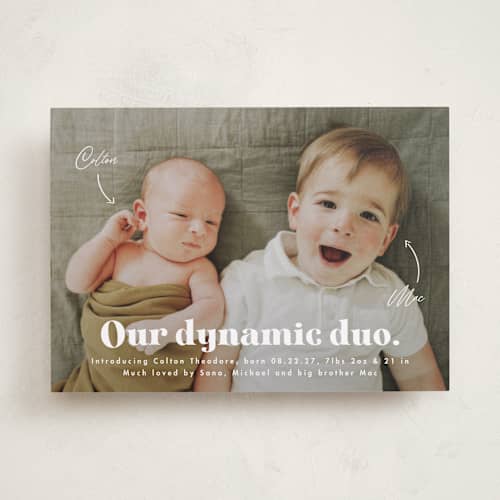 This is a cotton birth announcements with standard by Corinne Malesic called dynamic duo printing on recycled smooth signature in standard