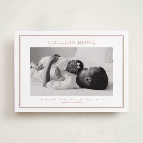 This is a ballet slipper birth announcements with standard by Stacey Meacham called engraved printing on recycled smooth signature in standard