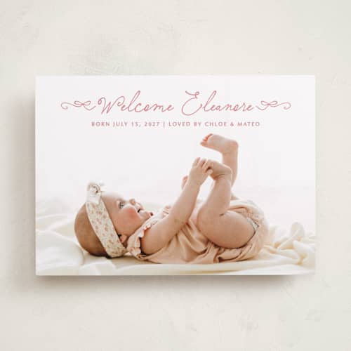 This is a flamingo birth announcements with standard by Jackie Crawford called tiny bow script printing on recycled smooth signature in standard