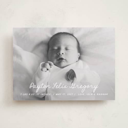 This is a milk birth announcements with standard by chocomocacino called cassatina printing on recycled smooth signature in standard