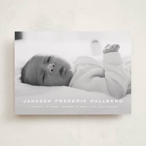 This is a pearl birth announcements with standard by chocomocacino called pastizzi printing on recycled smooth signature in standard