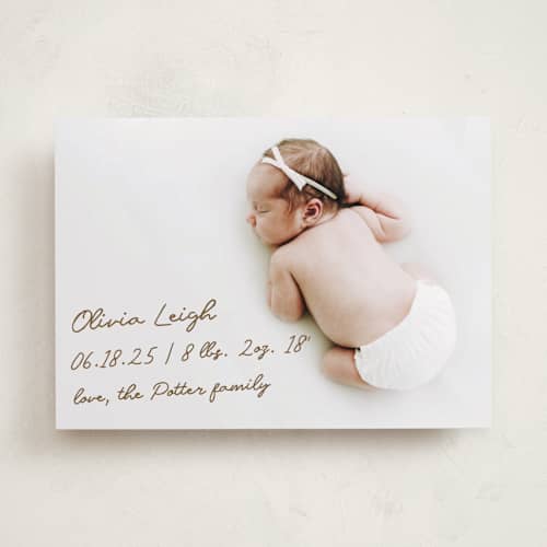 This is a bark birth announcements with standard by AK Graphics called signed with love printing on recycled smooth signature in standard