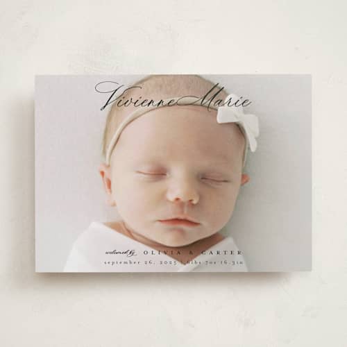 This is a noir birth announcements with standard by Ashlee Townsend called enchanted love printing on recycled smooth signature in standard