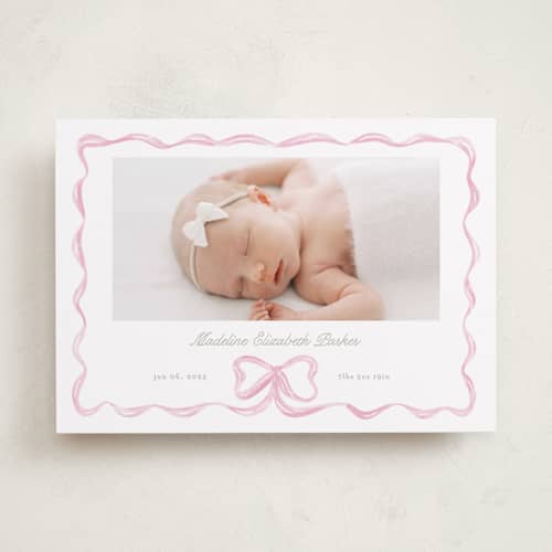 This is a peony birth announcements with standard by Creo Study called squiggle bow printing on recycled smooth signature in standard