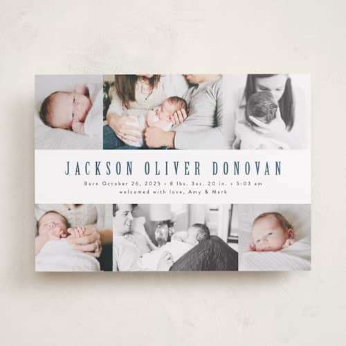 This is a steel blue birth announcements with standard by Ana Sharpe called photo stripes printing on recycled smooth signature in standard