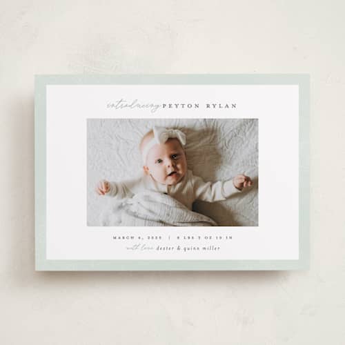 This is a sea salt birth announcements with standard by Pixel and Hank called story printing on recycled smooth signature in standard