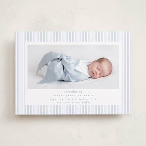 This is a sky birth announcements with standard by Jennifer Holbrook called pinstripe frame printing on recycled smooth signature in standard