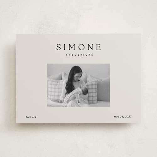 This is a noir birth announcements with standard by Jackie Crawford called simone printing on recycled smooth signature in standard