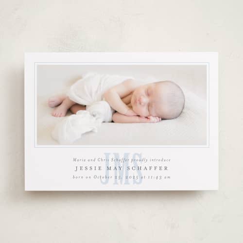This is a sky birth announcements with standard by Erin Hodges called classic monogram printing on recycled smooth signature in standard