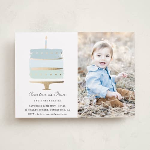 This is a sky kids birthday invitations with foil pressed by Oma N. Ramkhelawan called brushed cake printing on recycled smooth signature in standard