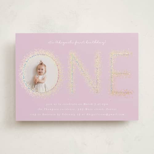 This is a cotton candy kids birthday invitations with foil pressed by Ashlee Townsend called sparkle one printing on recycled smooth signature in standard