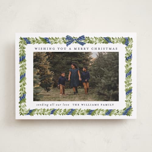 This is a navy photo christmas cards with standard by Sarah Knight called plaid ribbon printing on recycled smooth signature in standard