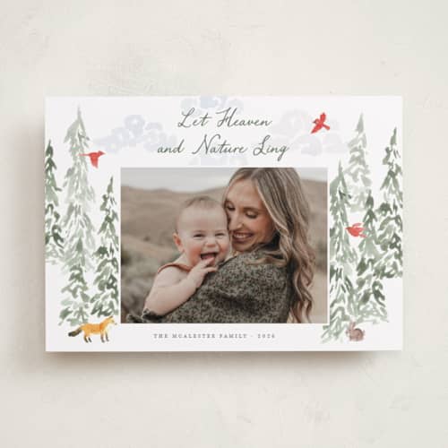 This is a forest photo christmas cards with standard by Holly Whitcomb called woodland watercolor printing on recycled smooth signature in standard