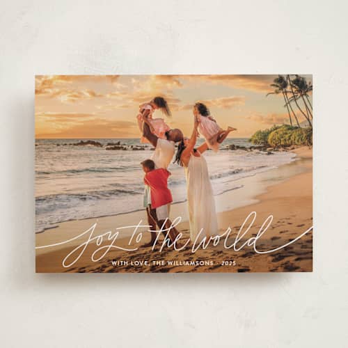 This is a midnight clear photo christmas cards with standard by Kristen Magee called joy to the world script printing on recycled smooth signature in standard