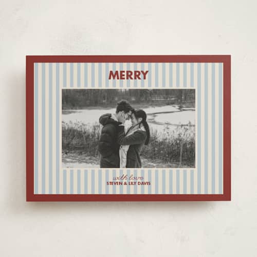 This is a holly berry photo christmas cards with standard by Kelly Watkins called classic stripes printing on recycled smooth signature in standard