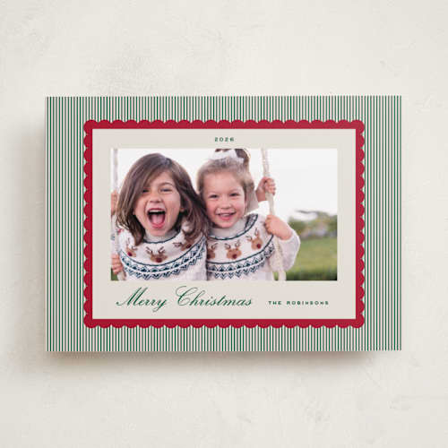 This is a holly photo christmas cards with standard by Emily Betts called stripe scallop printing on recycled smooth signature in standard