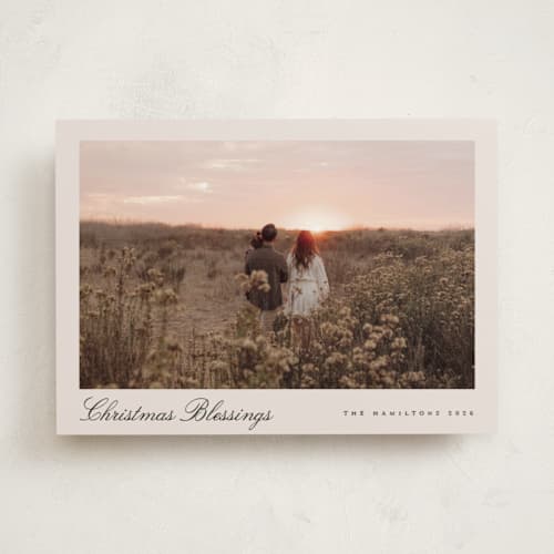 This is a tan photo christmas cards with standard by Nicole Walsh called pano script printing on recycled smooth signature in standard