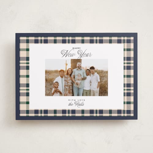 This is a navy photo christmas cards with standard by Itsy Belle Studio called glory & plaid printing on recycled smooth signature in standard