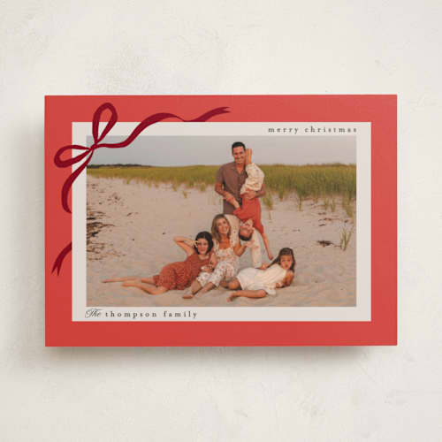 This is a crimson photo christmas cards with standard by Karidy Walker called ribbon tied printing on recycled smooth signature in standard