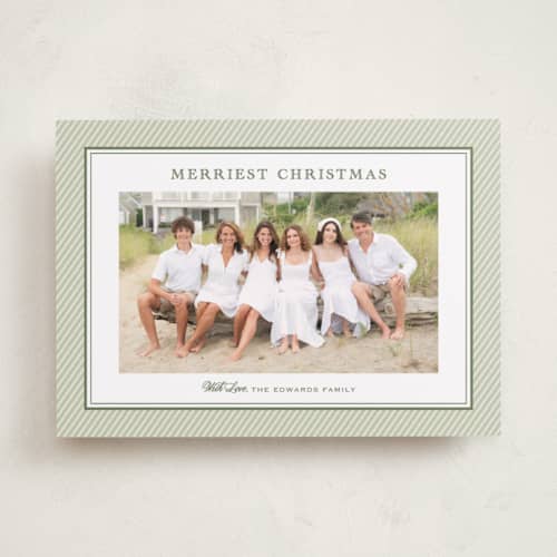 This is a pistachio photo christmas cards with standard by Carolyn MacLaren called sorbet stripes printing on recycled smooth signature in standard