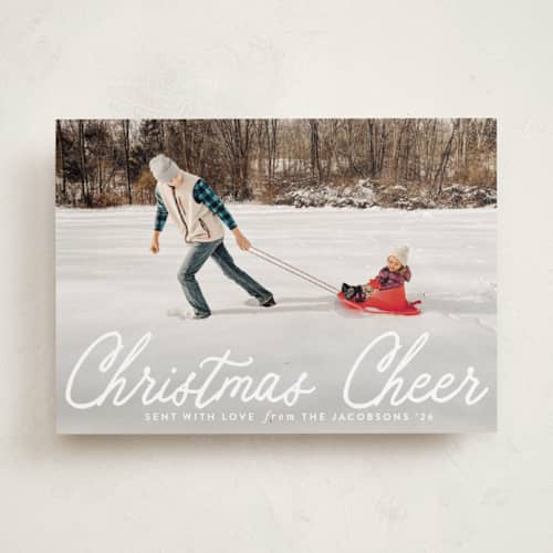 This is a snowfall photo christmas cards with standard by Karidy Walker called cheerful script printing on recycled smooth signature in standard