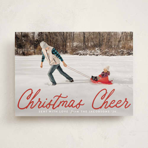 This is a crimson photo christmas cards with standard by Karidy Walker called cheerful script printing on recycled smooth signature in standard