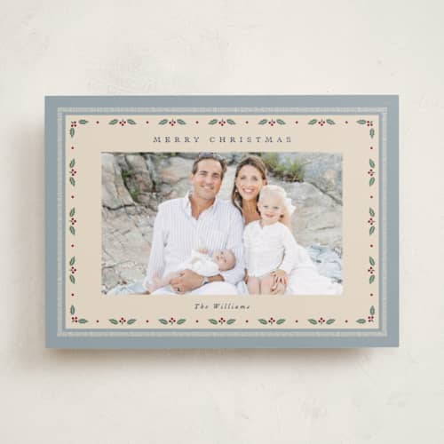 This is a wintermint photo christmas cards with standard by Robert and Stella called dainty holly printing on recycled smooth signature in standard