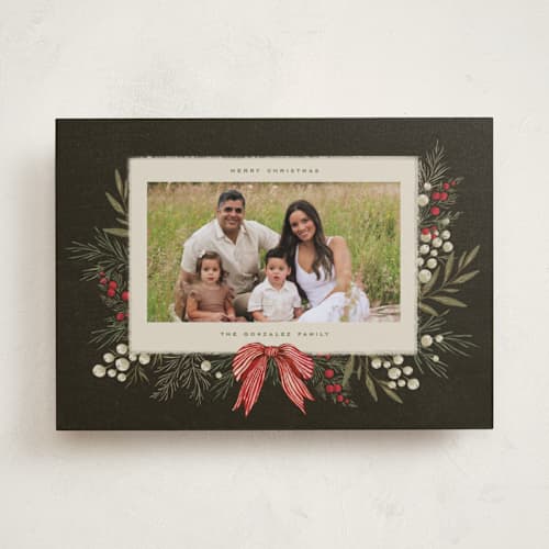 This is a holly berry photo christmas cards with standard by Wildfield Paper Co called vintage garland printing on recycled smooth signature in standard