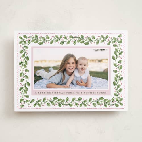 This is a powder photo christmas cards with standard by Sarah Knight called holly ribbons printing on recycled smooth signature in standard