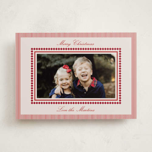 This is a berry photo christmas cards with standard by Kelly Schmidt called diamonds and stripes printing on recycled smooth signature in standard