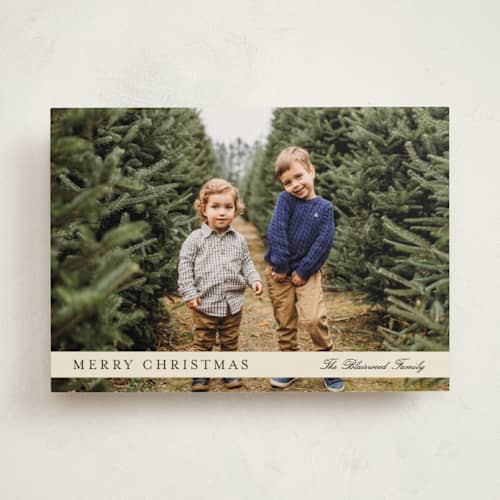 This is a cream photo christmas cards with standard by Baumbirdy called ribbon overlay printing on recycled smooth signature in standard