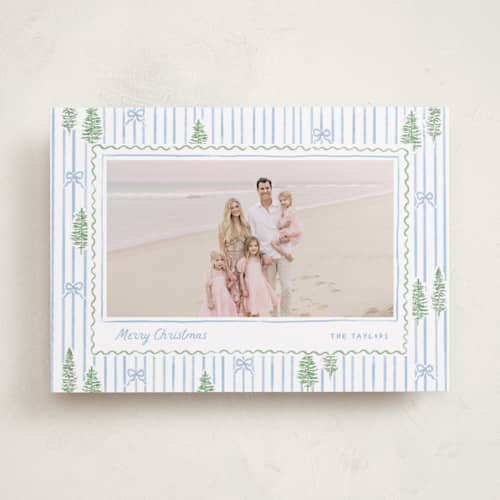 This is a blue jay photo christmas cards with standard by Creo Study called trees and bows printing on recycled smooth signature in standard