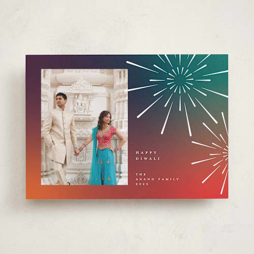 This is a sunset diwali cards with standard by Heather Schertzer called fireworks printing on recycled smooth signature in standard