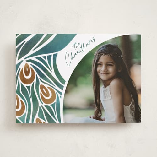 This is a peacock diwali cards with standard by Ghia Designs called beauty printing on recycled smooth signature in standard