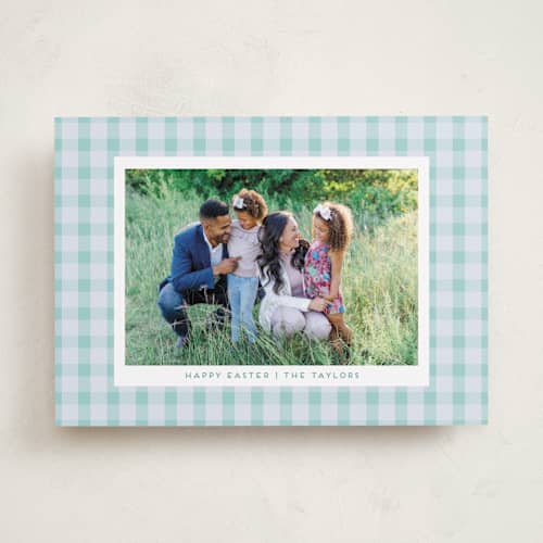 This is a aqua easter photo cards with standard by Sarah Cohn called easter plaid card printing on recycled smooth signature in standard