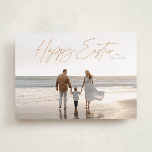 This is a yellow ochre easter photo cards with standard by Hooray Creative called casual script printing on recycled smooth signature in standard