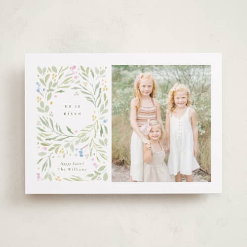 This is a linen easter photo cards with standard by Robert and Stella called risen printing on recycled smooth signature in standard
