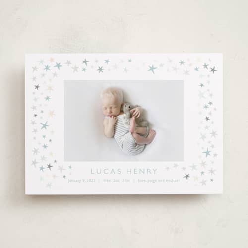 This is a cloud birth announcements with gloss press by Townsend Majors called shining star printing on recycled smooth signature in standard