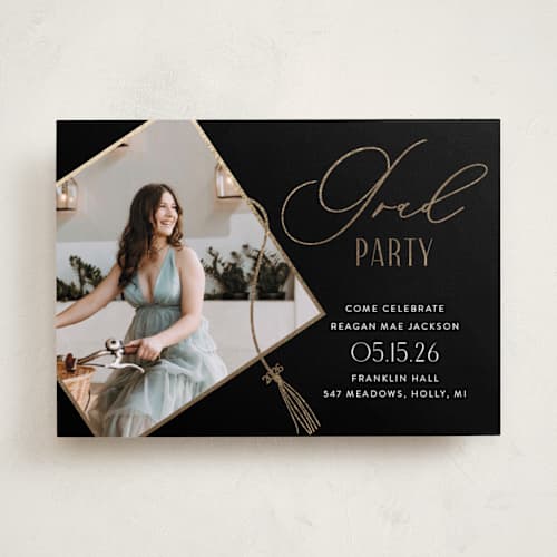This is a noir graduation invitations with foil pressed by Ilze Lucero called grad party sleek printing on recycled smooth signature in standard